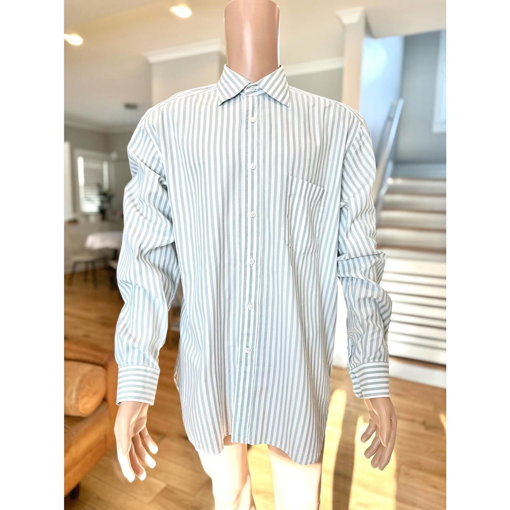 Ermenegildo Zegna Dress Shirt 43/17 Comfort Fit Long Sleeve White Green Striped